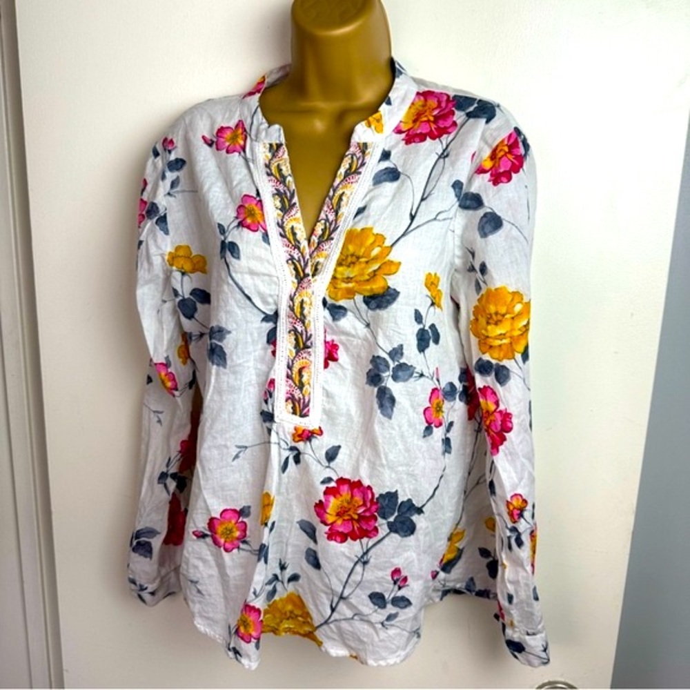 Vintage Goa White W/Yellow Pink Floral Pattern Cotton Embroidered‎ Neck Blouse S